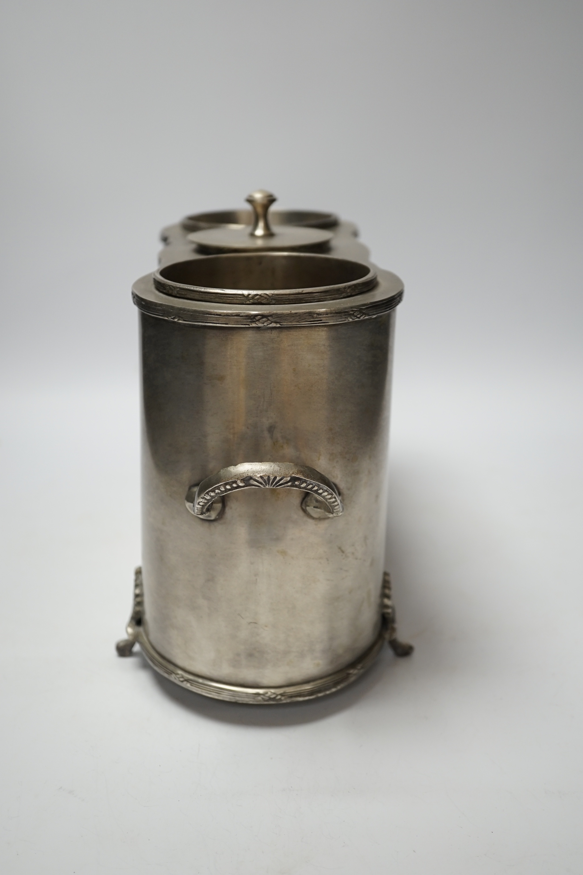 A Continental pewter two bottle champagne cooler, 39cm wide
